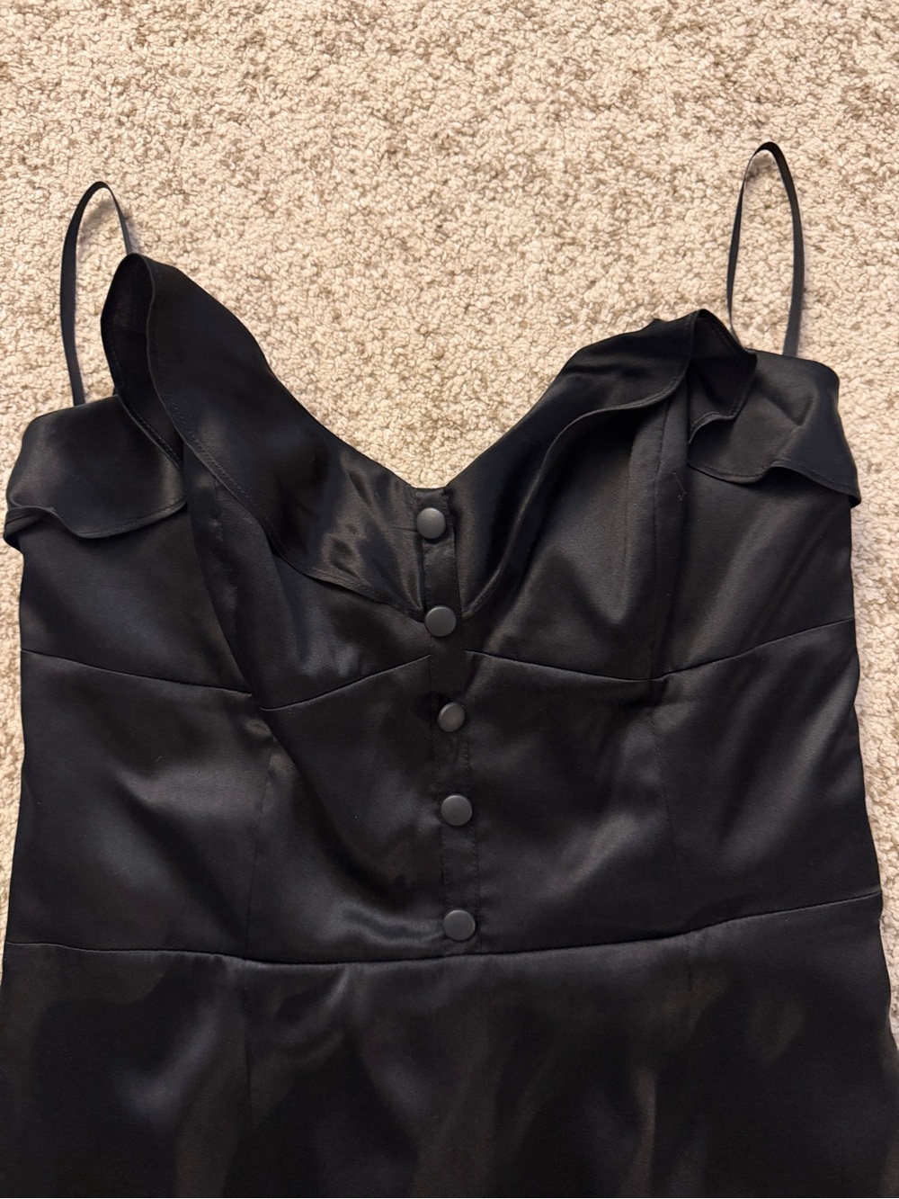 Betsey Johnson Black Strapless Satin Button Dress with Ruffle Trim
